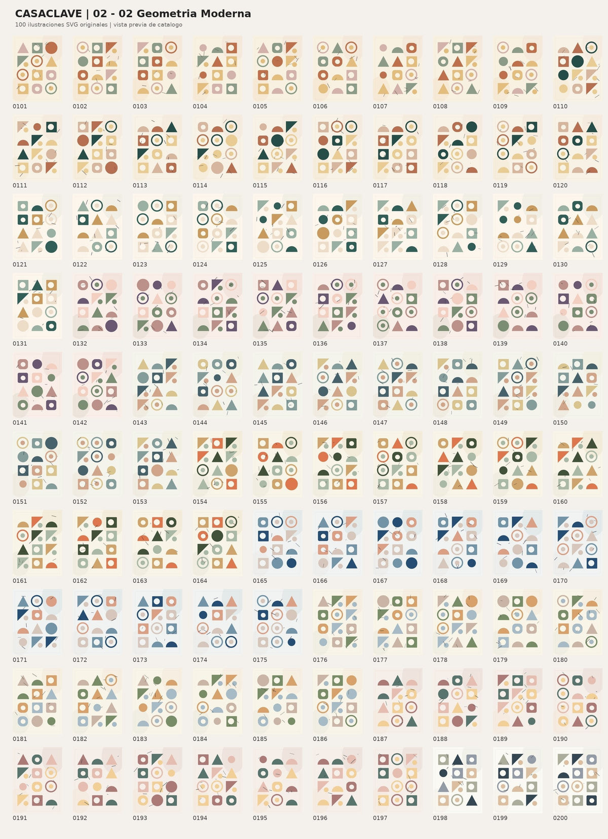Muestrario de arte geométrico moderno digital de CasaClave, disponible en archivos JPG y SVG.