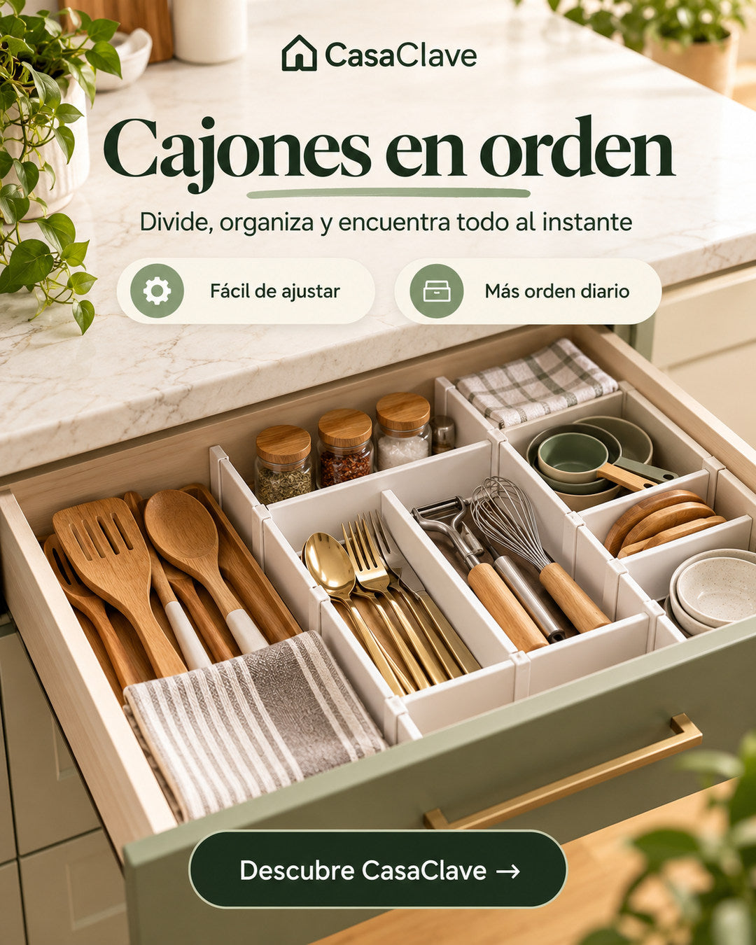 Ilustración publicitaria generada con IA de cajón de cocina organizado. No representa un artículo comercial verificado.