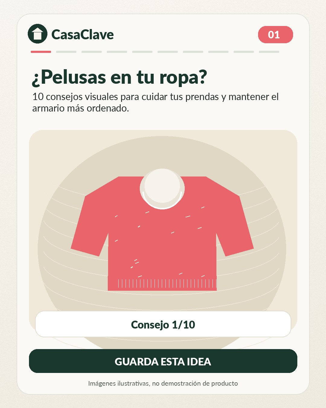 Ilustración original de CasaClave sobre cómo cuidar la ropa con pelusas; no fotografía ni demostración de un producto real.