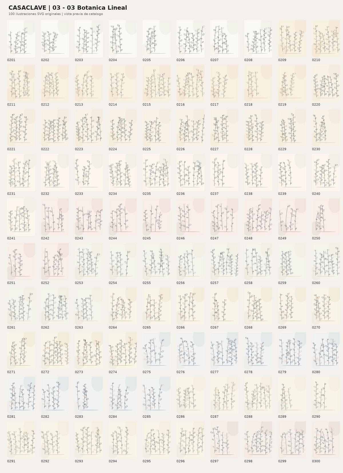 Muestrario de 100 láminas digitales de ilustraciones botánicas lineales de CasaClave