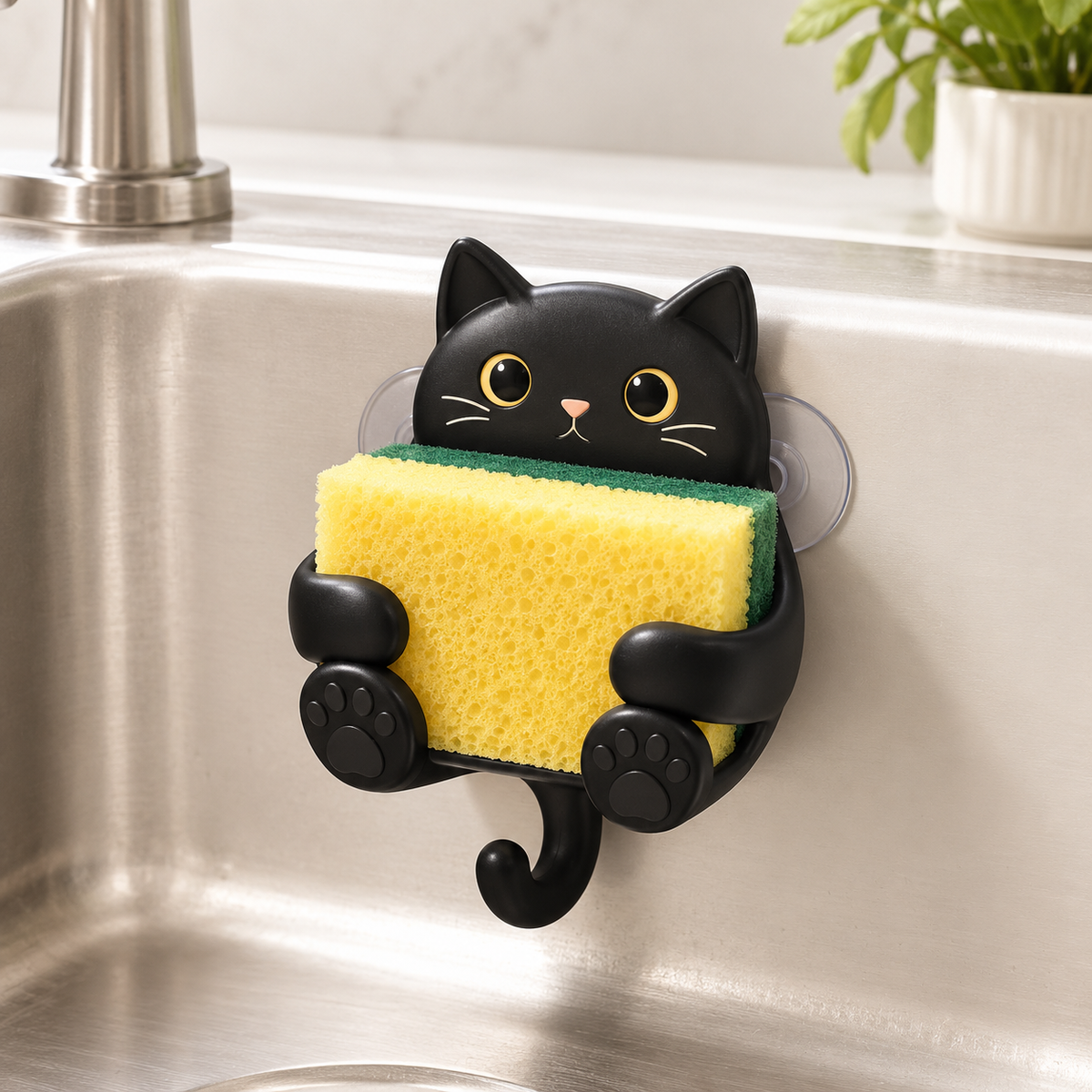 Ilustración conceptual generada con IA de Soporte de esponja gato negro; NO corresponde a una foto de la variante real del proveedor.
